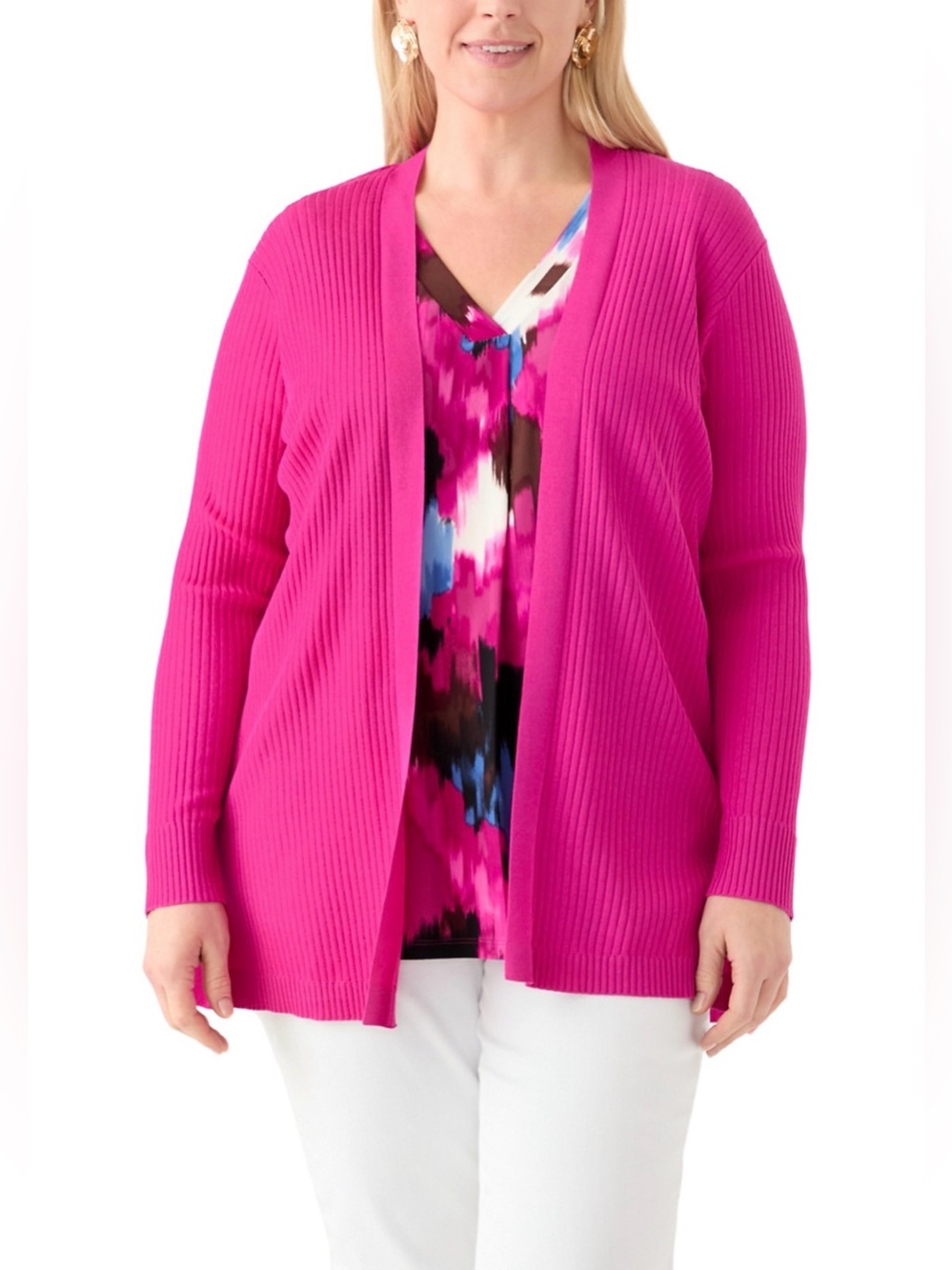 Jones New York Plus Size Open-Front Ribbed Cardigan in Bright Pink